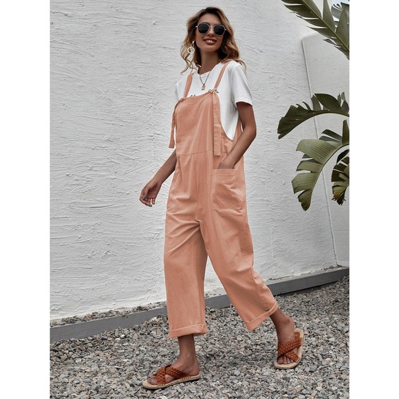 Suspender Style Overalls Wide Leg Jumpsuit with pockets boho olive green - Picture 7 of 11